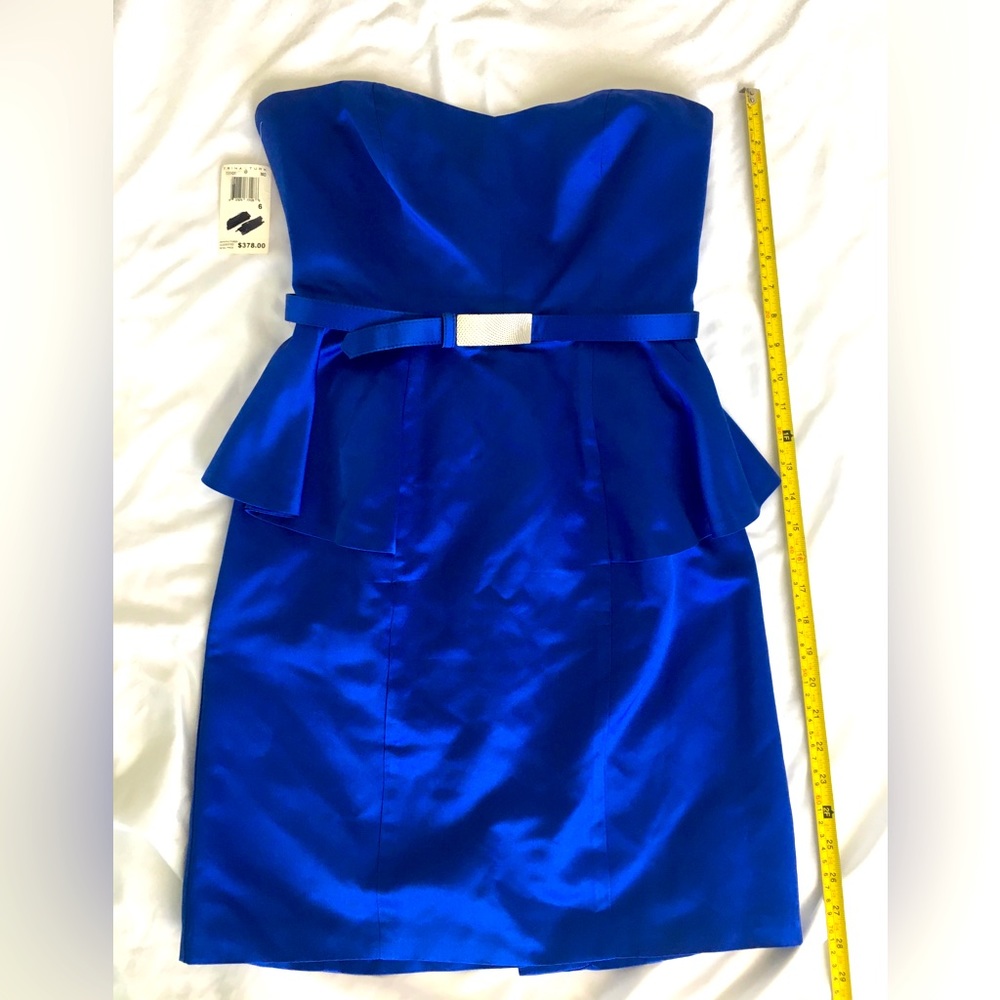 NWT Gorgeous Trina Turk electric blue satin strapless fitted dress, belt accent